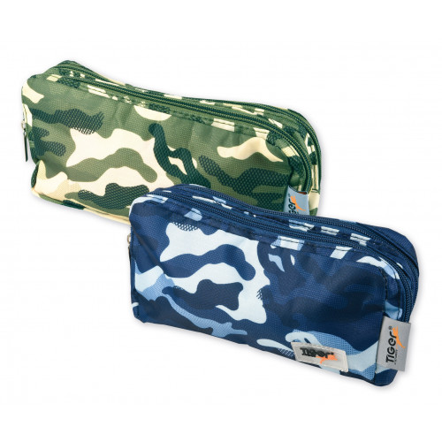 Square Double Zip Camo Pencil Case 6 Per Pack Green/Blue