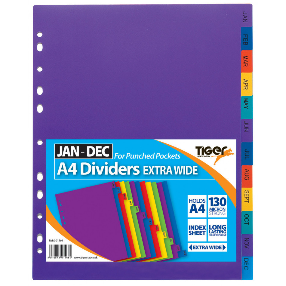 Tiger Stationery - A4 Ex Wide Jan-Dec Polypropylene Dividers